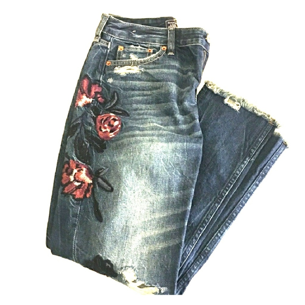 A&F Raw Hem Embroided Girlfriend Jeans